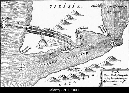 Charybdis et Scylla dans le détroit de Messine, illustration gravée d'époque. De l'Univers et de l'humanité, 1910. Banque D'Images