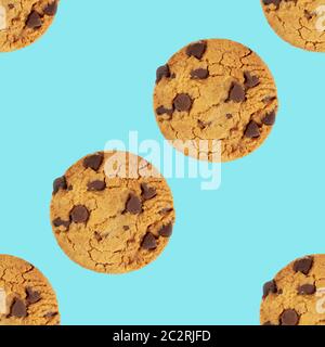 Cookies aux pépites de chocolat, sans gluten, un modèle de répétition transparente sur un fond bleu Banque D'Images