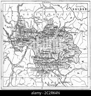 Ancienne illustration gravée de la carte du département de Savoie. Dictionnaire des mots et des choses - Larive et Fleury ? 1895 Banque D'Images