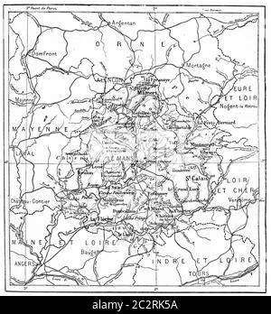 Ancienne illustration gravée de la carte du département de Sarthe. Dictionnaire des mots et des choses - Larive et Fleury ? 1895 Banque D'Images