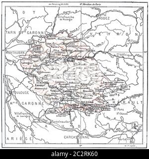 Ancienne illustration gravée de la carte du département du Tarn. Dictionnaire des mots et des choses - Larive et Fleury - 1895 Banque D'Images