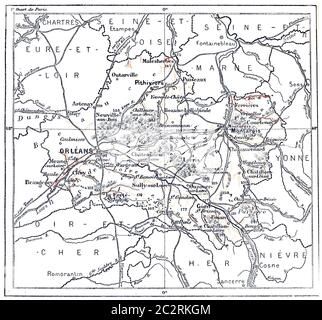 Carte topographique du département de Loiret au Centre, France, illustration gravée d'époque. Dictionnaire des mots et des choses - Larive et Fleury - 1895 Banque D'Images