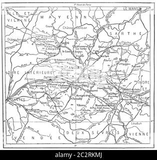 Carte topographique du département du Maine-et-Loire dans les pays de la Loire, France, illustration gravée d'époque. Dictionnaire des mots et des choses - Larive Banque D'Images