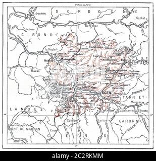 Carte topographique du département de Lot-et-Garonne en Aquitaine, France, illustration gravée d'époque. Dictionnaire des mots et des choses - Larive et Banque D'Images