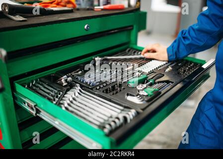 Réparateur hand reaching for la boîte à outils de diagnostic de voitures,. L'équipement de service de l'automobile, de l'entretien des véhicules Banque D'Images