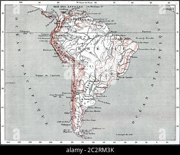 Carte de l'Amérique du Sud, illustration gravée d'époque. Dictionnaire des mots et des choses - Larive et Fleury - 1895. Banque D'Images