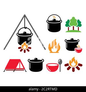 Cuisiner sur un feu, feu de camp, randonnée vecteur couleur icônes ensemble - nourriture, aventure, idée de voyage Illustration de Vecteur