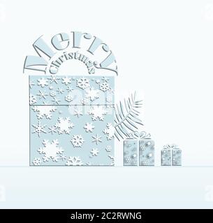 Décor tendance bleu pastel blanc hiver avec boîtes cadeaux en flocons de neige argentés et texte Joyeux Noël. Motif élégant festif, bannière de fête chic. Copier l'espace. Illustration 3D Banque D'Images