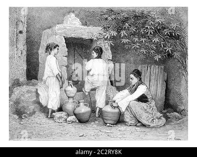 Arab Girls dessin de l'eau d'un puits à Acre, Israël, illustration gravée d'époque. Le Tour du monde, Journal de voyage, 1881 Banque D'Images