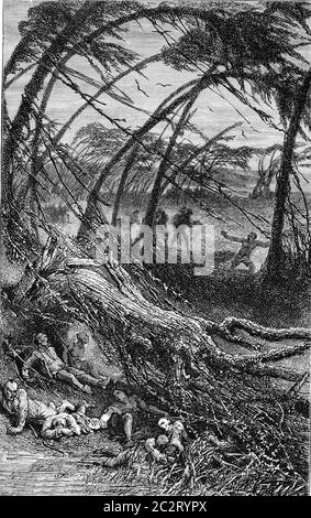 Ouragan sur l'île de la Réunion, 17 janvier 1858, illustration gravée d'époque. De l'Univers et de l'humanité, 1910. Banque D'Images