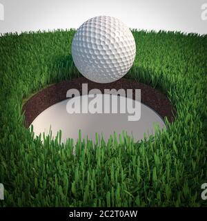 détail d'une balle de golf tombant dans le trou. rendu 3d. personne autour. Banque D'Images