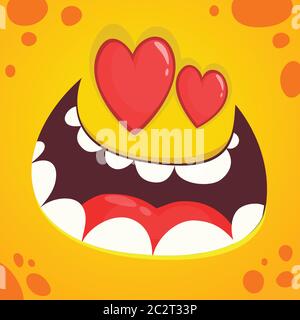 Visage de monstre de dessin animé en amour avec un coeur en forme d'yeux. Avatar monstre orange Vector Halloween pour la Saint-Valentin Illustration de Vecteur