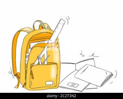 Illustration dessinée à la main d'un sac d'école avec des objets de papeterie - Retour à Shool Banque D'Images