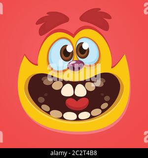 Dessin animé visage monstre rouge mignon. Vecteur Halloween rouge avatar monstre sourire Illustration de Vecteur