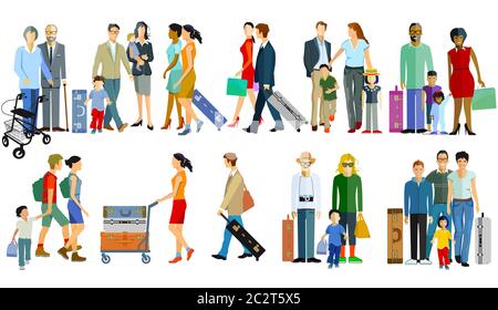 différents voyageurs avec bagages - illustration vectorielle Illustration de Vecteur