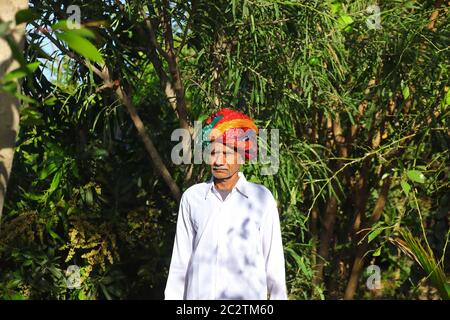 Un éleveur senior se tient dans le jardin avec un turban chunari coloré sur sa tête Banque D'Images