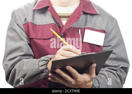 Homme de service avec presse-papiers isolated on white Banque D'Images