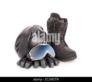 Lunettes de sport d'hiver, snowboard boot, casque et gants sur blanc Banque D'Images