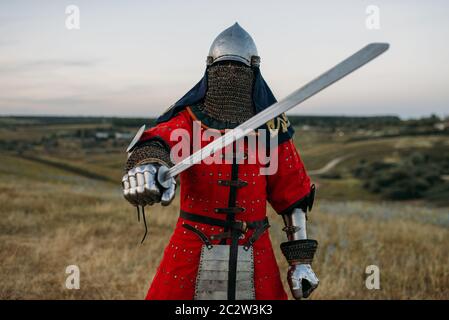 Le chevalier médiéval en casque métallique tient une épée, une grande bataille. Ancien guerrier blindé en armure posant dans le champ Banque D'Images