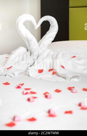 Deux cygnes blancs serviette sur le lit, parsemé de pétales rouges. La serviette ressemblent à forme de coeur et c'est préparer pour un couple en lune de miel. Idéal pour le même Banque D'Images