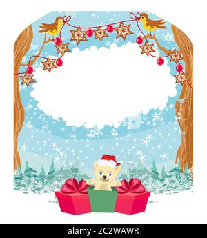 Une belle carte de Noël avec les oiseaux et d'un mignon petit ours d'une Santa hat Banque D'Images