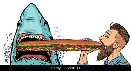 Et l'homme requin manger fast food La cuisine. La faim et l'alimentation de rue concept.. Retro pop art dessin illustration vectorielle Banque D'Images