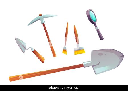 Jeu d'outils d'excavation d'illustrations vectorielles de dessins animés. Collection d'instruments de travail archéologiques, pelle, truelle, pipes, loupe et pinceaux isola Illustration de Vecteur