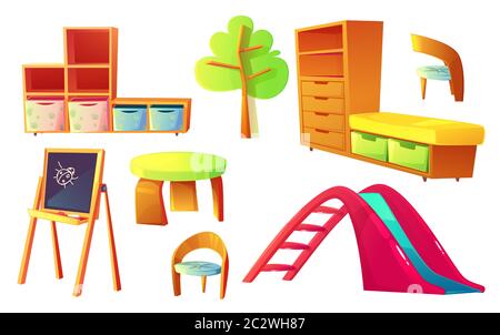 Mobilier de jardin d'enfants, ensemble d'illustrations vectorielles de dessins animés. Meubles en bois pour les enfants, salle de jeux ou de classe, bureau, chaises, étagères vides et cabine Illustration de Vecteur