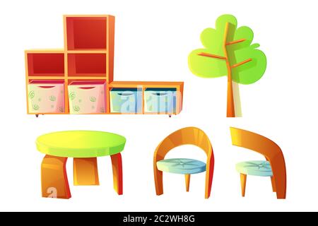 Mobilier de jardin d'enfants, ensemble d'illustrations vectorielles de dessins animés. Meubles en bois pour les enfants, salle de jeux ou de classe, bureau, chaises, étagères vides et cabine Illustration de Vecteur