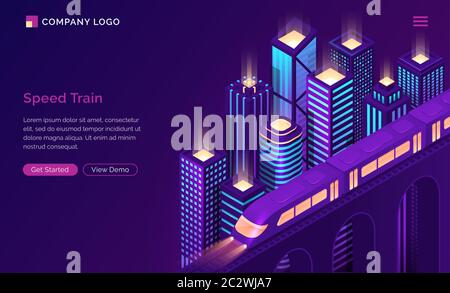 Page d'accueil isométrique du train de vitesse. Locomotive électrique moderne de métro à cheval au pont au-dessus du paysage urbain futuriste avec des bâtiments au néon et un illuminé Illustration de Vecteur