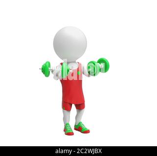 Petit sportif blanc avec haltères sur fond blanc Banque D'Images