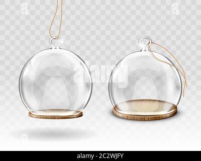 Boules de noël en verre, dôme suspendu et plateau en bois vecteur réaliste. Boules rondes transparentes en verre avec espace vide pour la décoration arbre de Noël, est Illustration de Vecteur