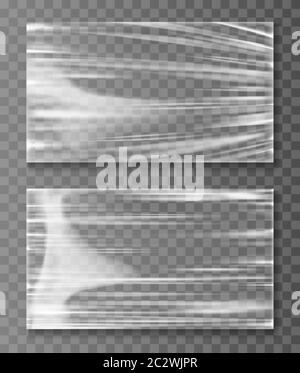 Bannière cellophane étirée, illustration réaliste de vecteur de texture froissé ou plié. Partie supérieure transparente en polyéthylène transparent du conteneur en plastique, ruban adhésif o Illustration de Vecteur