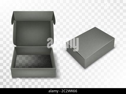 Boîte en carton vierge grise avec rabat, illustration vectorielle réaliste. Pack caton rectangulaire avec couvercle à charnière ouvert et fermé, isolé sur transparent Illustration de Vecteur