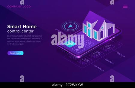 Smart home Isométrique, illustration vectorielle de concept Internet des objets. Centre de contrôle pour la surveillance, la surveillance à domicile, l'écran de téléphone mobile avec maison Illustration de Vecteur