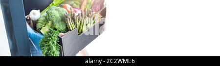 Livraison de légumes et de légumes frais biologiques pendant l'éclosion pandémique du coronavirus Covid-19. Homme mains portant des gants médicaux en latex bleu boîte de maintien wi Banque D'Images