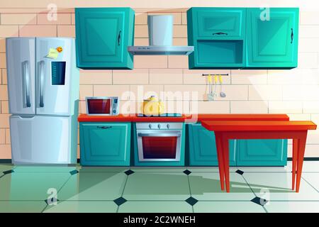 Intérieur de cuisine avec mobilier dessin animé illustration vectorielle. Maison cuisine avec table à manger en bois, armoires de cuisine bleues, réfrigérateur avec aimant et Illustration de Vecteur