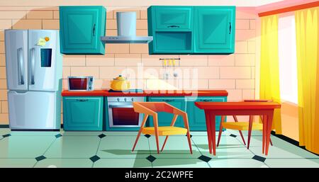 Intérieur de cuisine avec mobilier dessin animé illustration vectorielle. Maison cuisine avec table à manger en bois, armoires de cuisine bleues, réfrigérateur avec aimant et Illustration de Vecteur