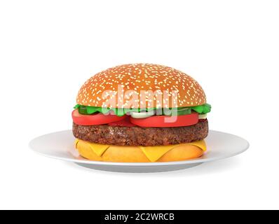 Grand hamburger savoureux situé sur la plaque, isolé sur fond blanc Banque D'Images