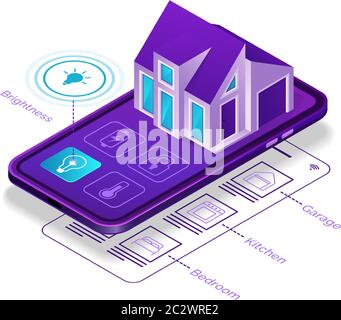 Smart home Isométrique, illustration vectorielle de concept Internet des objets. Centre de contrôle pour la surveillance, la surveillance à domicile, l'écran de téléphone mobile avec maison Illustration de Vecteur