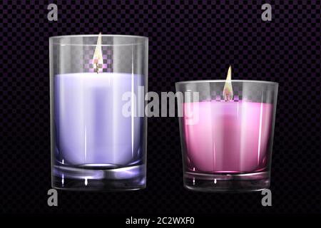 Bougies en verre dans des pots isolés sur fond transparent. Éléments de couleur violet et rose pour les fêtes de divalis, de Noël ou de romantisme Illustration de Vecteur