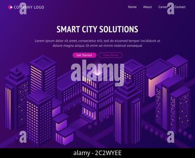 Smart City solutions page d'accueil isométrique, ville futuriste de smartcity avec de grands gratte-ciel lumineux au néon sur fond violet. Internet de t Illustration de Vecteur