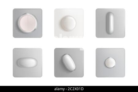 Comprimés blister pack, médicaments comprimés et capsules maquette isolée sur fond blanc. Solution indolore package éléments de conception pour la publicité Illustration de Vecteur