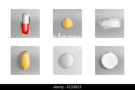 Comprimés blister pack, comprimés de médicaments et capsules de couleur maquette isolée sur fond blanc. Solution indolore éléments de conception de paquet pour la publicité Illustration de Vecteur