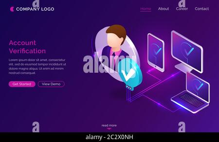 Vérification de compte page de renvoi isométrique, smartphone, ordinateur et ordinateur portable connectés via un profil utilisateur avec avatar et coches à l'écran, Illustration de Vecteur