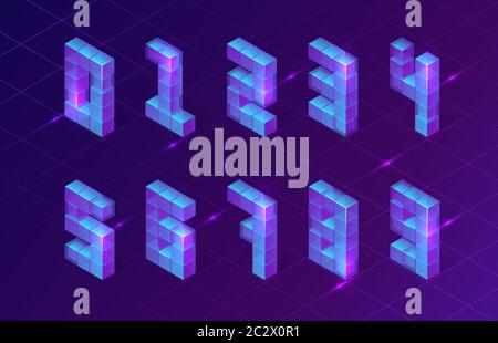 Nombres isométriques composés de cubes 3d sur fond violet lumineux au néon avec grille d'ondes et sparkles rétro synth, effet hologramme hud, cyberpa futurisitique Illustration de Vecteur