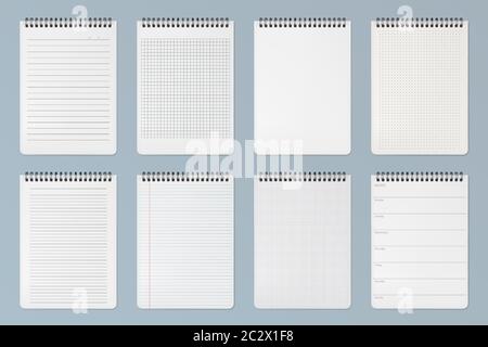 Ensemble de draps pour carnets. Pages à lignes, à carreaux et à points pour bloc-notes et modèle de planificateur quotidien Bloc-notes papier vide avec reliure spirale en fer isolée Illustration de Vecteur