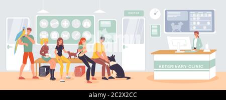 Les animaux de compagnie font la queue à la réception de la clinique vétérinaire Illustration de Vecteur