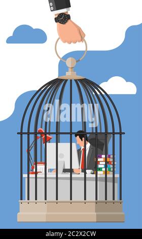 Homme d'affaires travaillant sur un ordinateur dans la cage d'oiseau. Homme d'affaires surtravaillé en prison. Stress au travail. Bureaucratie, paperasserie, échéance et paperasserie. Illustration vectorielle de style plat Illustration de Vecteur