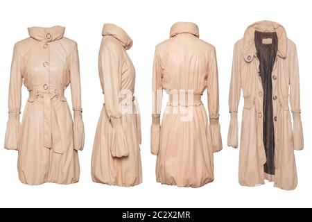 Manteau de cuir isolées. Jeu de collage d'un luxueux cuir beige femme élégante et lumineuse manteau en quatre vues isolé sur un fond blanc. S à la mode Banque D'Images